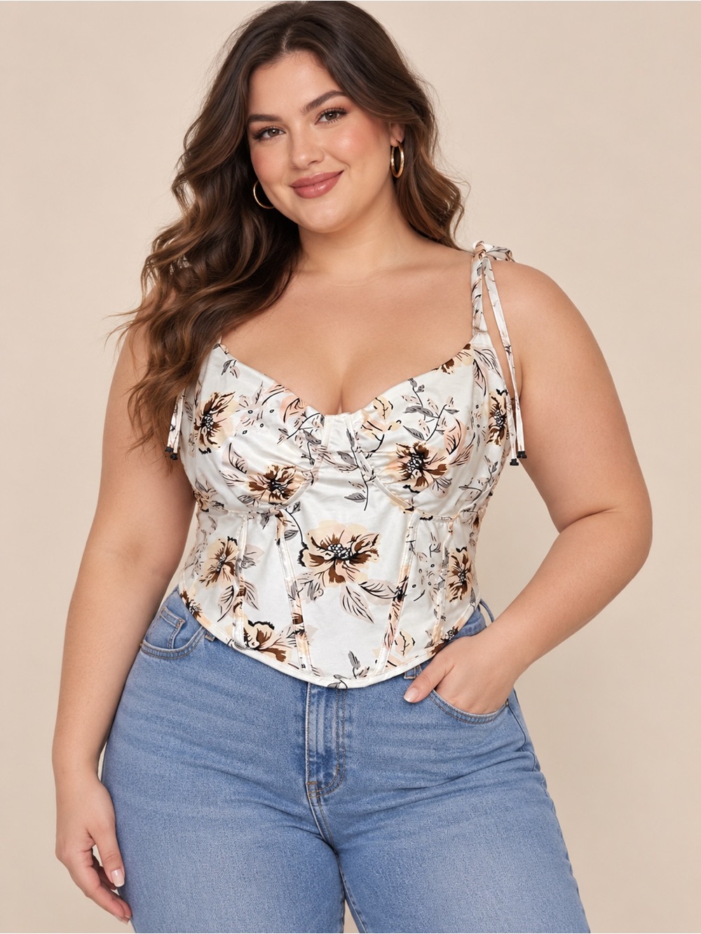 SHEIN Curve Plus Size Ivory Floral Satin Tie‑Shoulder Corset Bustier Top size 2X